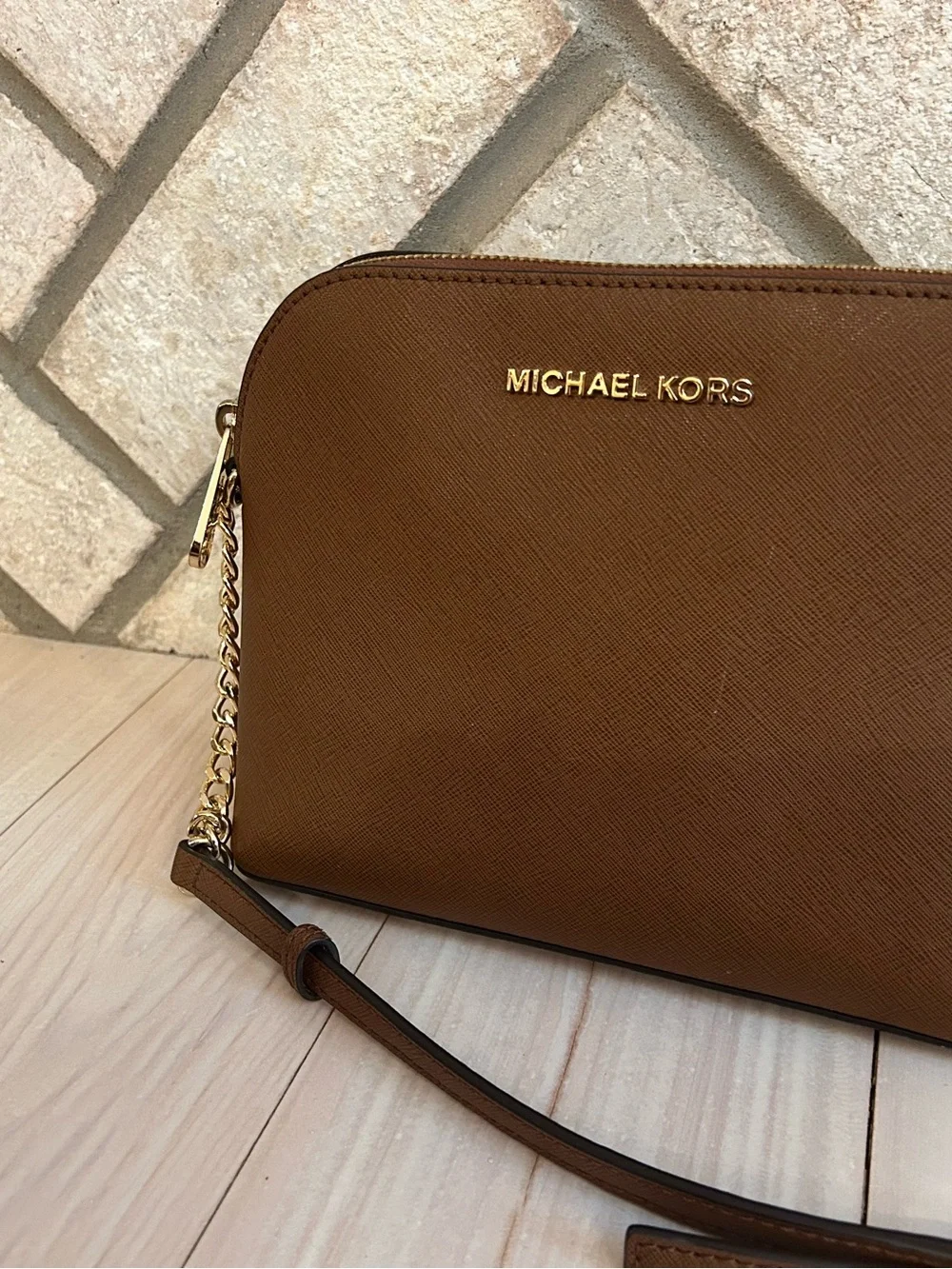 Michael Kors Chestnut Saffiano Leather Dome Crossbody with Gold Hardware